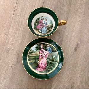 Vtg Regency Couple Romantic Love Scene Green Tea Cup & Saucer Bone China England